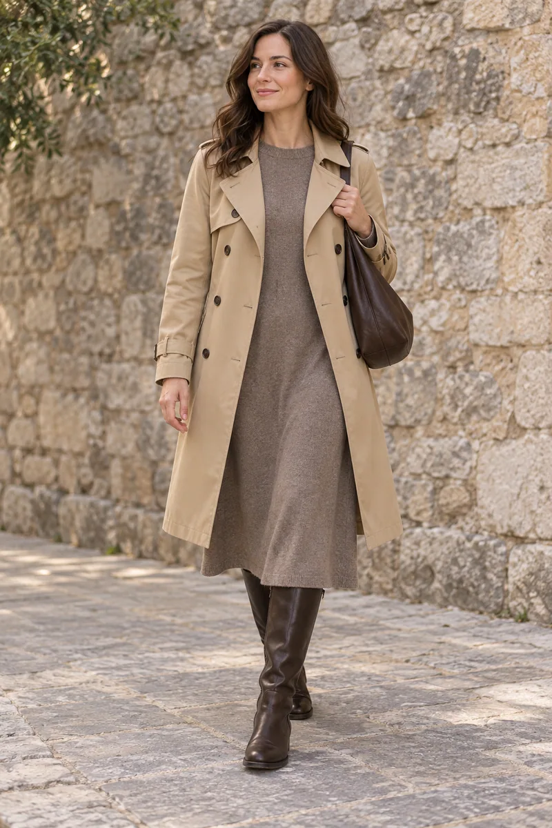 Offener Trench zum Midikleid und hohen Stiefeln. KI-Inspiration; keine Produktaufnahme.