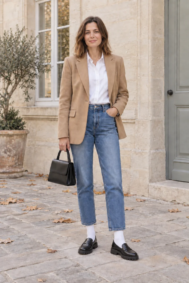Frau in camelbeigem Blazer, weißer Bluse und knöchellanger Jeans; weiße Rippensocken treffen auf schwarze Loafer mit kräftiger Profilsohle.