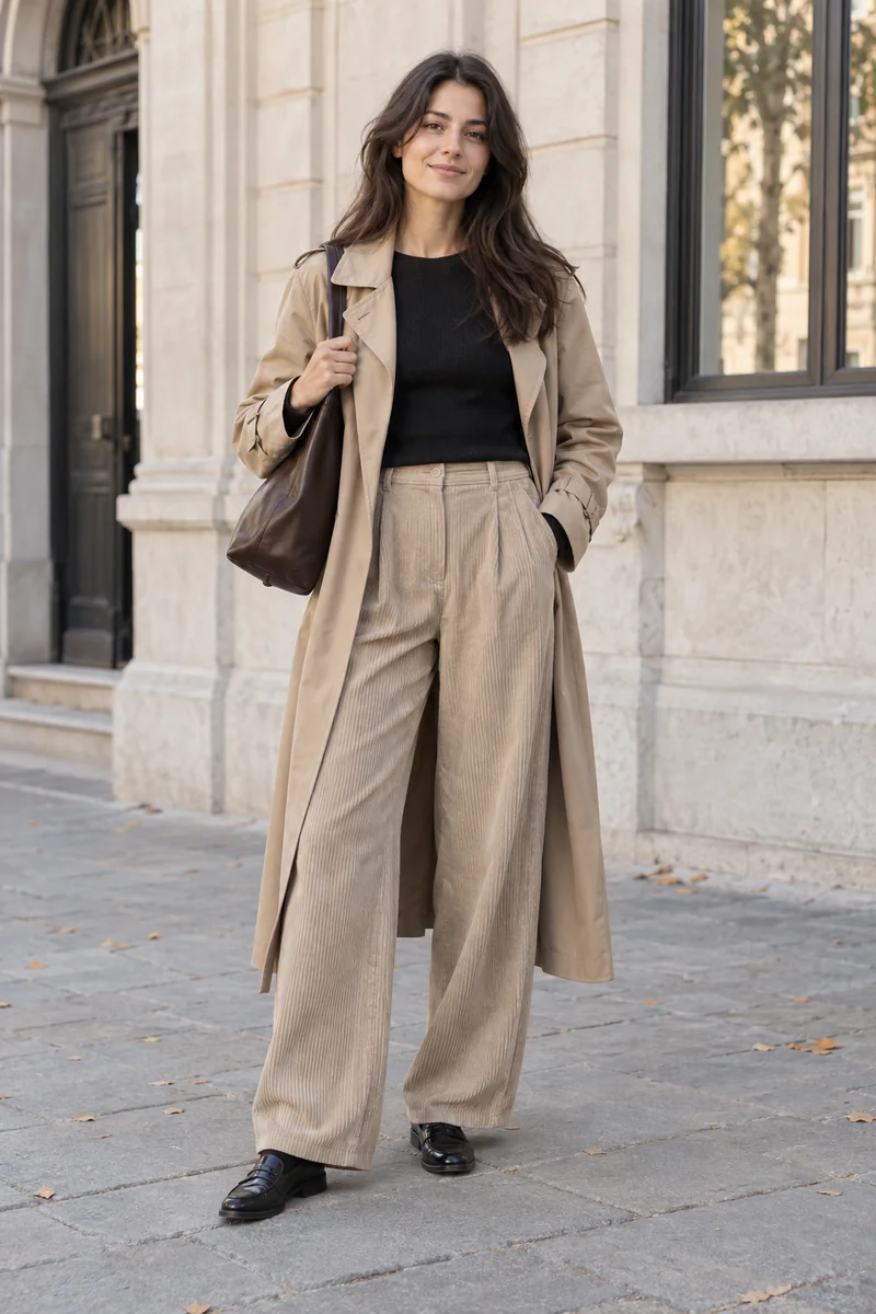 Frau mit offenem beigem Trenchcoat über schwarzem Pullover und weiter beiger Cordhose; schwarze Loafer schließen den Look ab.