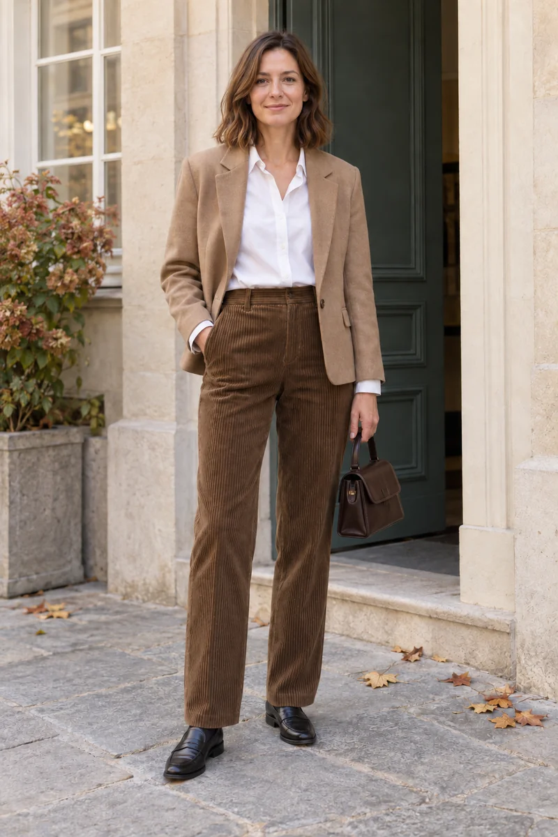 Frau in weißer Bluse und camelbeigem Blazer; die braune gerade Cordhose endet über schwarzen Loafern und dunklen Socken.