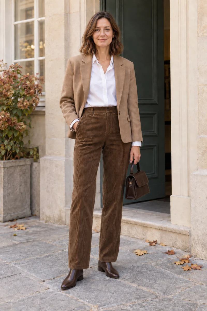 Frau in weißer Bluse und camelbeigem Blazer; die braune Cordhose fällt außen über dunkelbraune Stiefeletten.