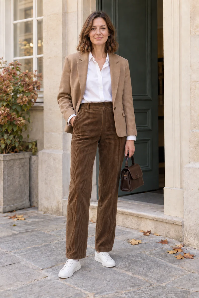 Frau in weißer Bluse, camelbeigem Blazer und brauner gerader Cordhose mit weißen Sneakern; der Saum liegt leicht auf den Schuhen.