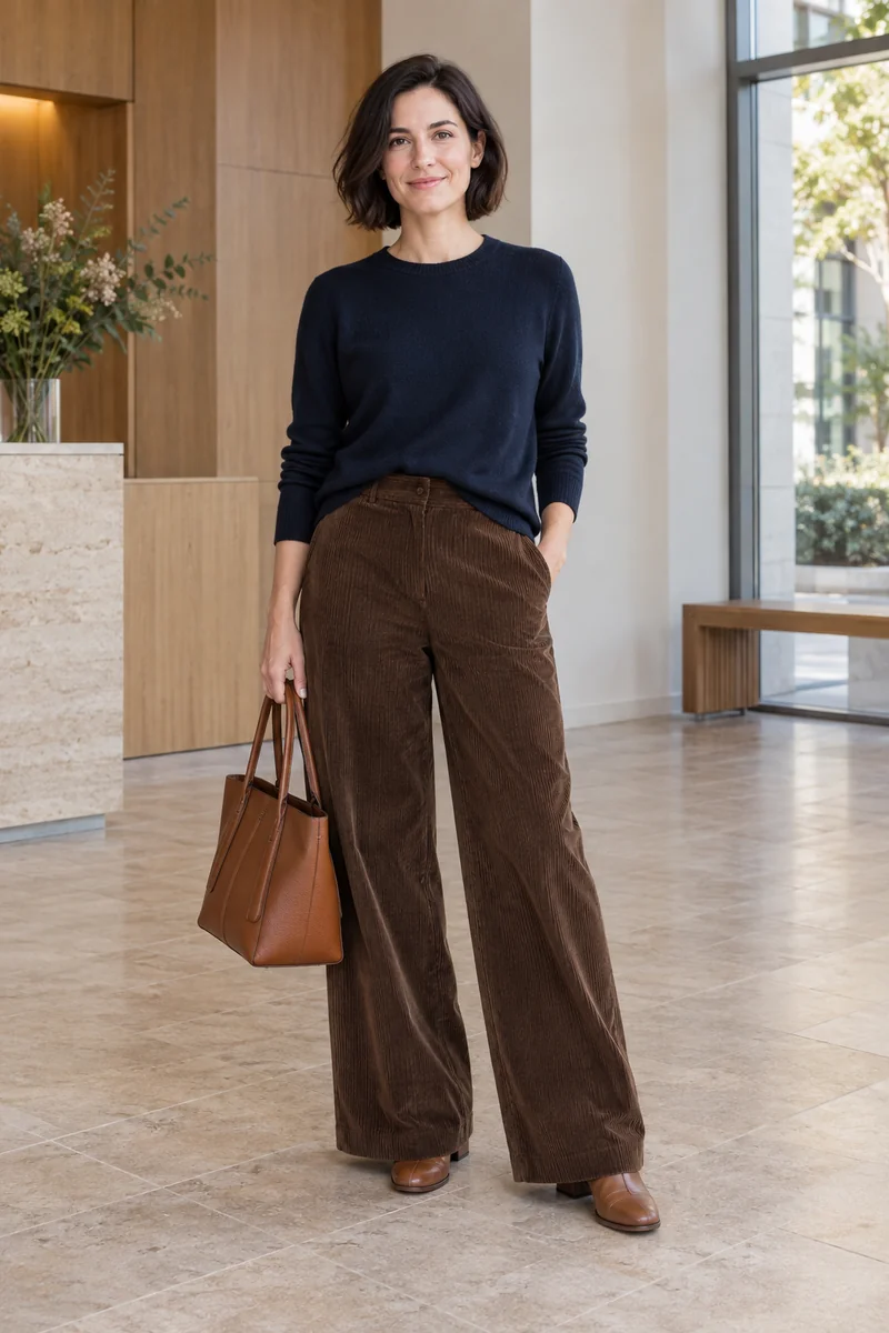Frau in feinem Navy-Pullover und weiter dunkelbrauner Cordhose; cognacfarbene Stiefeletten ragen unter dem langen Saum hervor.