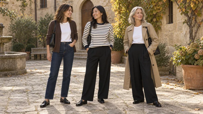 Drei Kombinationen aus derselben Herbst-Capsule mit weißem Shirt, Streifenpullover, braunem Cardigan, Trenchcoat, dunkler Jeans und schwarzer Hose.