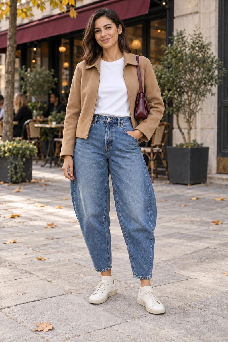 Die blaue Barrel mit kompakten Sneakern: Mittelblaue knöchellange Barrel Jeans, Weißes T-Shirt, Kurze camelbeige Jacke, Cremefarbene niedrige Sneaker, Bordeauxfarbene kleine Tasche. KI-generierte vollständige Outfit-Inspiration.