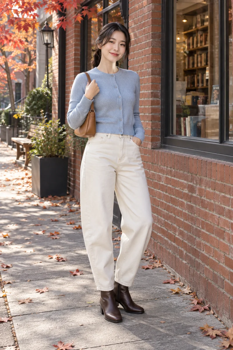 Helle Barrel, blauer Cardigan und braune Boots: Ecrufarbene Barrel Jeans, Kurzer hellblauer Cardigan, Braune anliegende Stiefeletten, Cognacfarbene Tasche. KI-generierte vollständige Outfit-Inspiration.