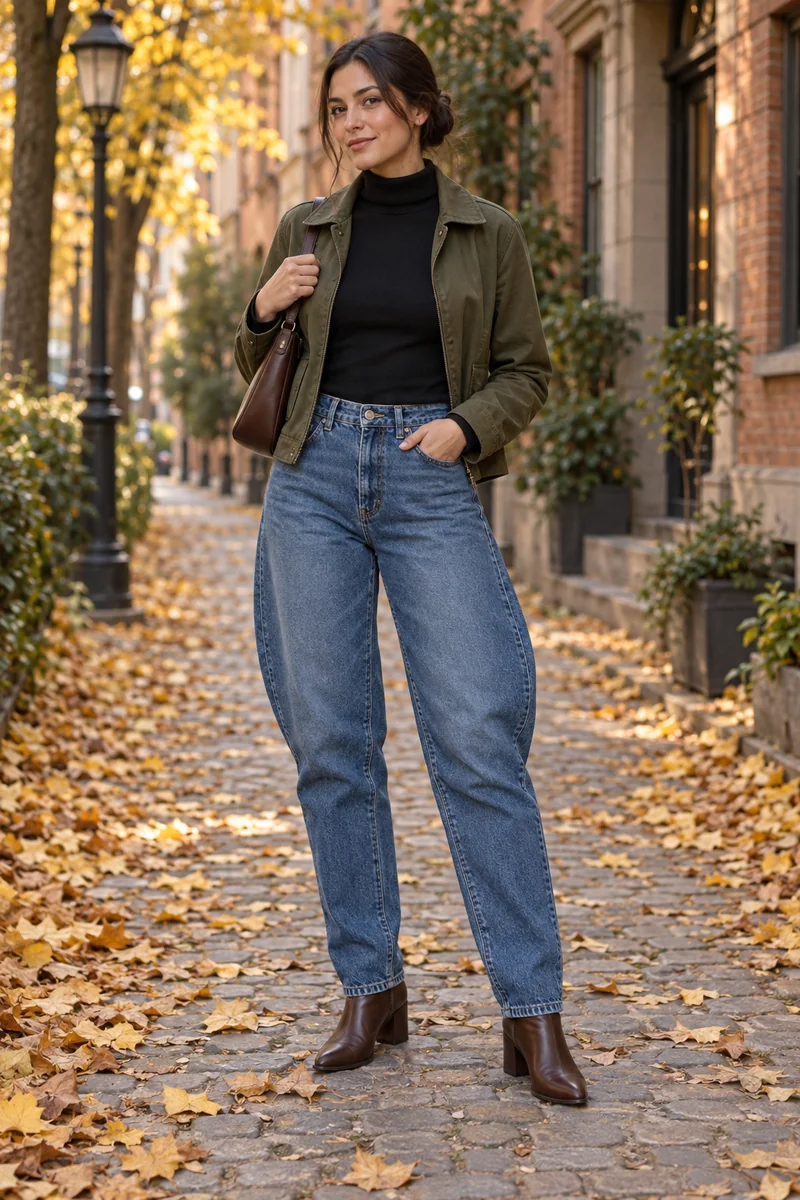Barrel Jeans mit Rollkragen und Utility-Jacke: Blaue Barrel Jeans, Schwarzer feiner Rollkragenpullover, Kurze olivfarbene Utility-Jacke, Braune Stiefeletten mit Blockabsatz, Dunkelbraune Tasche. KI-generierte vollständige Outfit-Inspiration.