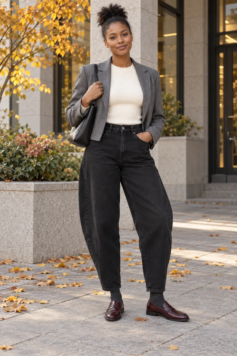 Schwarze Barrel mit Blazer und Bordeaux-Loafern: Schwarze knöchellange Barrel Jeans, Elfenbeinfarbener feiner Rippenpullover, Kurzer grauer Blazer, Bordeauxfarbene Loafer, Schwarze Tasche. KI-generierte vollständige Outfit-Inspiration.