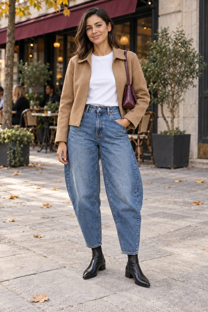 Barrel Jeans mit schmalen Stiefeletten: Mittelblaue Barrel Jeans, Weißes T-Shirt, Kurze camelbeige Jacke, Schwarze spitze Stiefeletten, Bordeauxfarbene kleine Tasche. KI-generierte vollständige Outfit-Inspiration.
