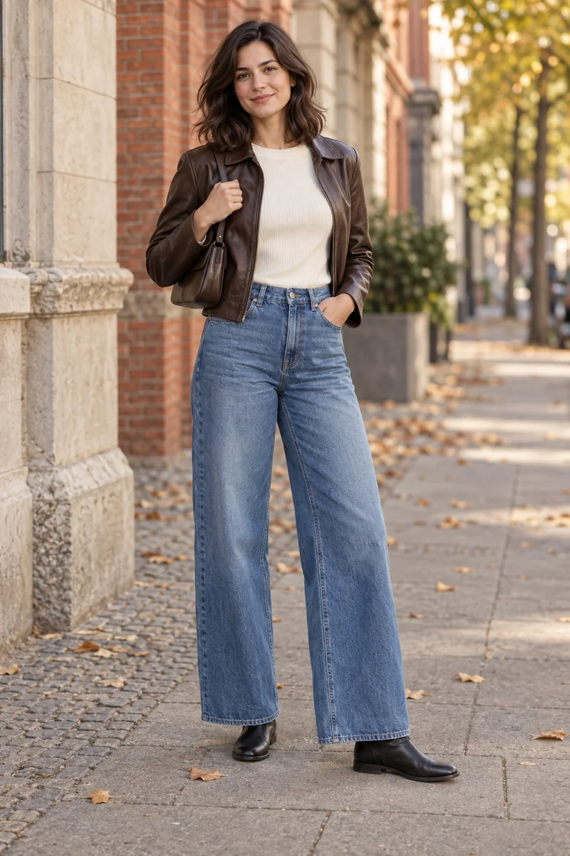Weite Jeans mit flachen runden Boots: Blaue lange Wide-Leg-Jeans, Cremefarbener Feinstrickpullover, Kurze schokoladenbraune Jacke, Schwarze runde flache Stiefeletten, Dunkelbraune Schultertasche. KI-generierte vollständige Outfit-Inspiration.
