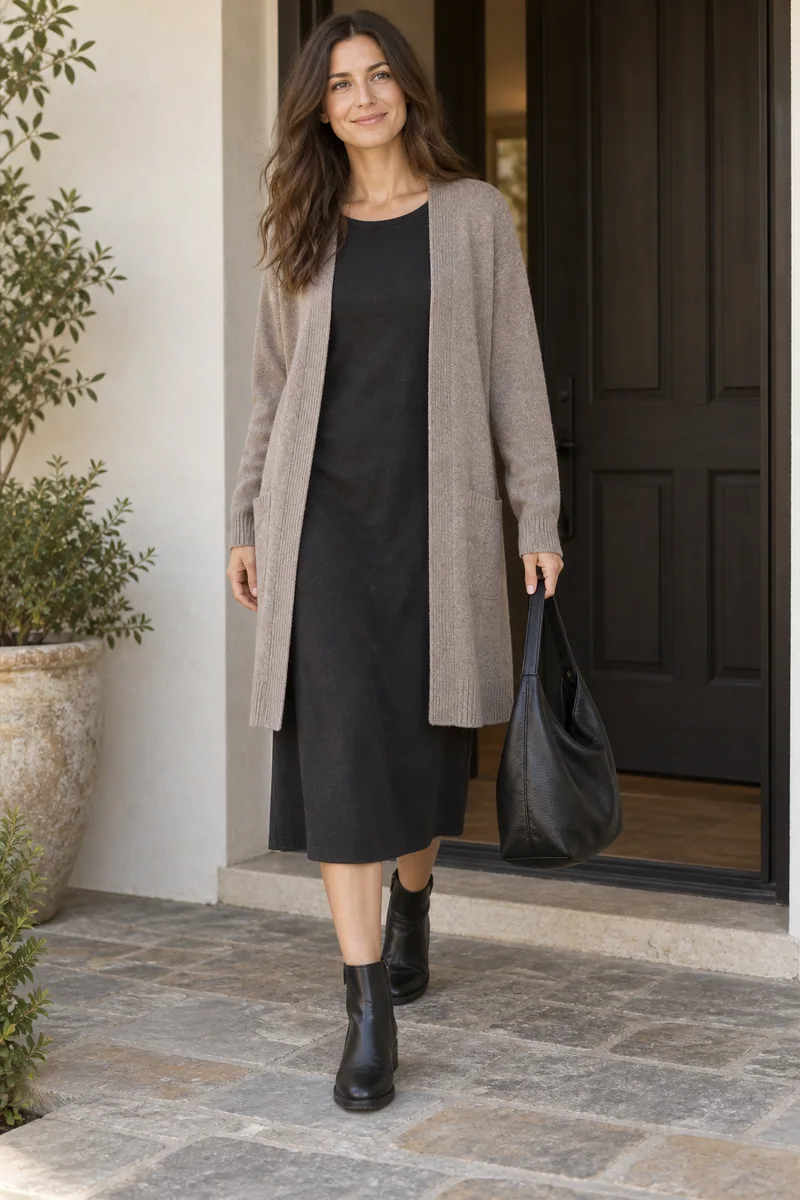 Langer Cardigan über einem geraden Midikleid. KI-Inspiration; keine Produktaufnahme.