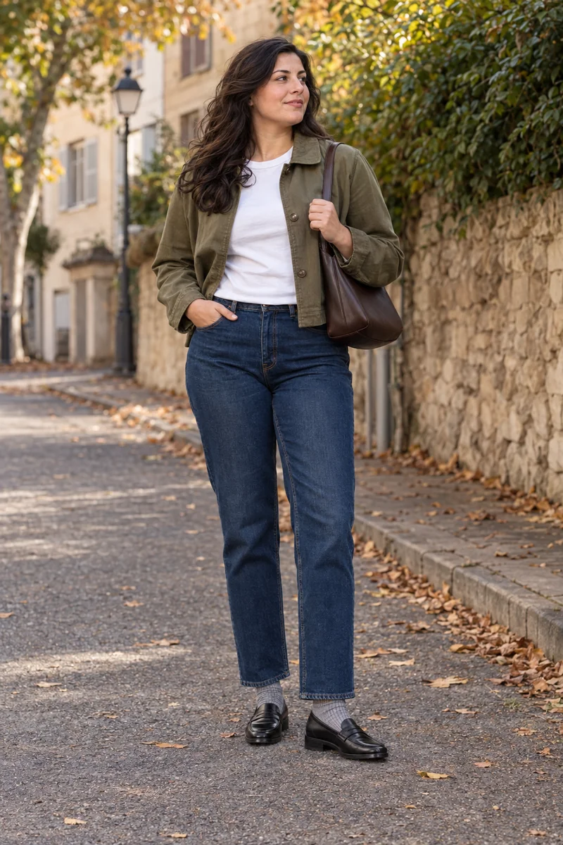 Frau in kurzer olivfarbener Jacke, weißem Shirt und dunkler gerader Jeans; graue Rippensocken sind über schwarzen Loafern sichtbar.
