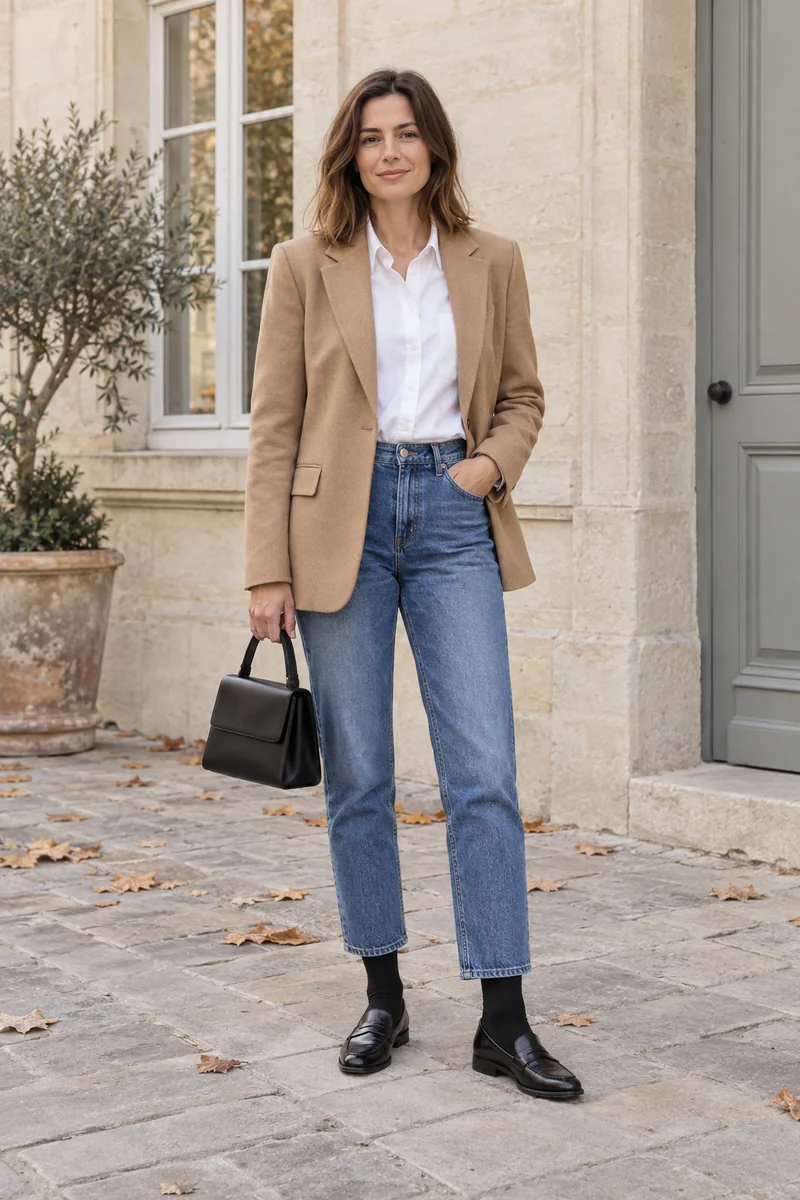 Frau in camelbeigem Blazer, weißer Bluse und knöchellanger Jeans; feine schwarze Socken verbinden den Saum mit schwarzen Pennyloafern.