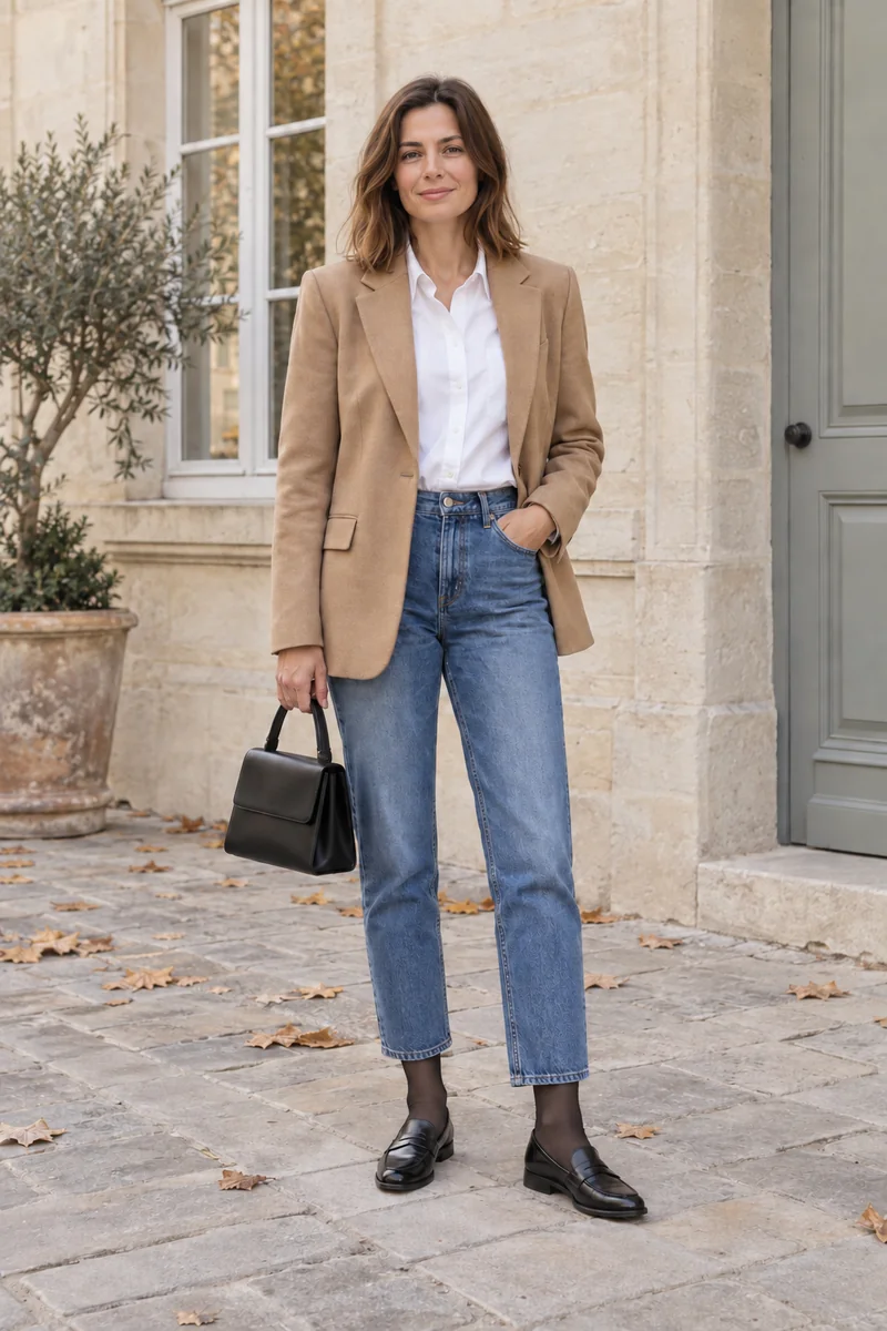 Frau in camelbeigem Blazer und knöchellanger Jeans; durch die schwarzen Feinsocken über den schlanken Loafern scheint die Haut hindurch.