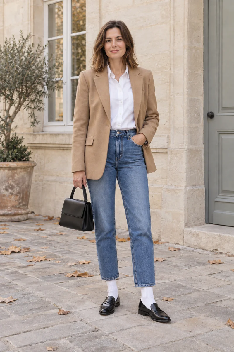 Frau in camelbeigem Blazer, weißer Bluse und knöchellanger Jeans; weiße Rippensocken bilden einen hellen Streifen über schwarzen Loafern.