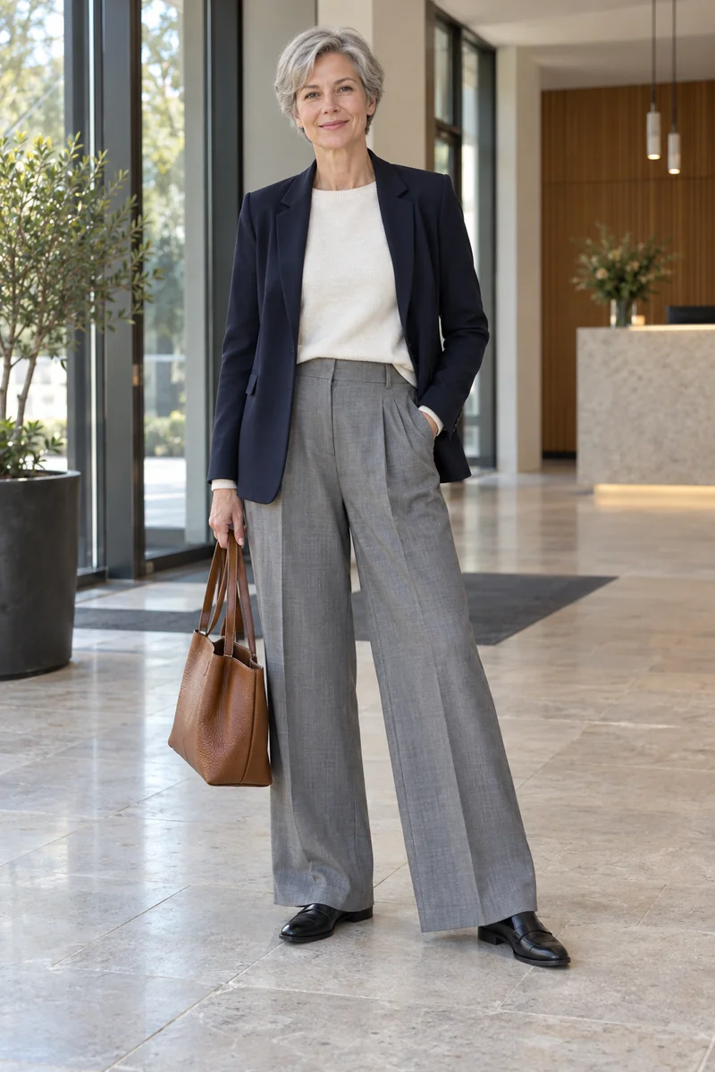 Frau in Navy-Blazer und cremefarbenem Pullover; die weite graue Hose lässt die Spitzen schwarzer Loafer erkennen.