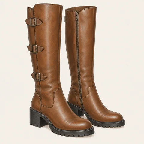 Eigene Stilvorschau: Braune hohe Stiefel mit Lammfellfutter