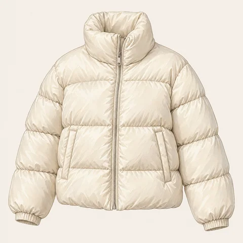Eigene Stilvorschau: Cremefarbene Pufferjacke mit Stehkragen