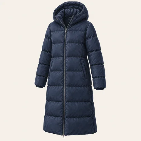 Eigene Stilvorschau: Langer marineblauer Steppmantel
