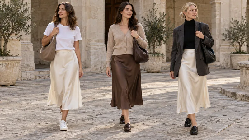 Drei Frauen mit Satin-Midiröcken: cremefarbener Rock mit weißem Shirt und Sneakern, kaffeebrauner Rock mit beigem Cardigan und Loafern sowie heller Rock mit anthrazitfarbenem Blazer.