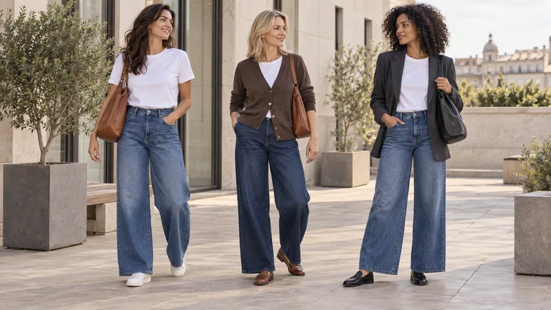 Drei Frauen in tatsächlich weiten Jeans: mit weißem Shirt und weißen Sneakern, braunem Cardigan und Loafern sowie anthrazitfarbenem Blazer und schwarzen Loafern.