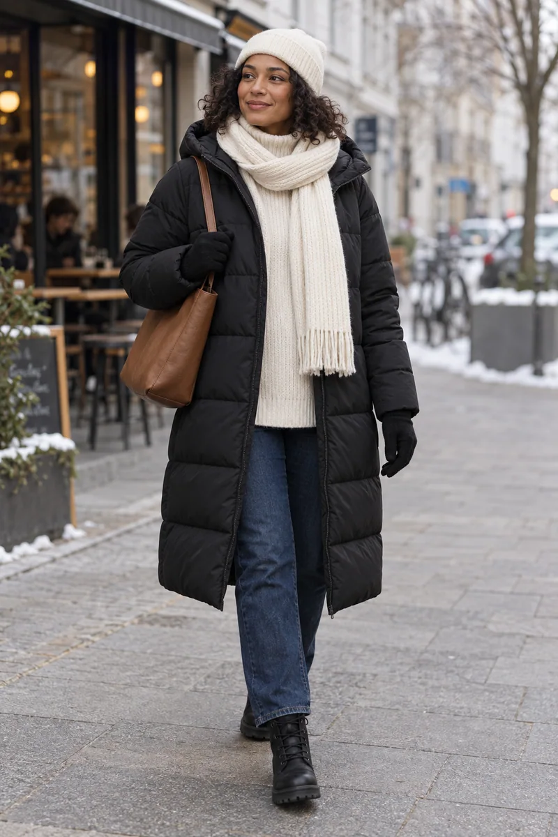 Schwarzer Puffer, helle Stricklage: Schwarzer langer Puffer, Cremefarbener Rollkragen, Dunkelblaue Jeans, Schwarze Schnürboots, Cognacfarbene Tasche, Cremefarbene Mütze und Schal, Schwarze Handschuhe. KI-Styling-Inspiration, keine Produktaufnahme.