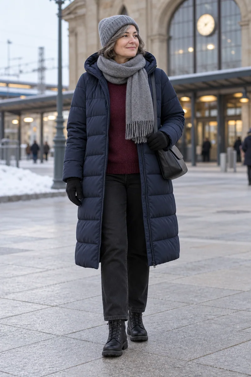 Navy-Stepp und Bordeaux für unterwegs: Navy-Steppmantel, Bordeauxfarbener Pullover, Schwarze Jeans, Schwarze Schnürboots, Schwarze Schultertasche, Graue Mütze und Schal, Schwarze Handschuhe. KI-Styling-Inspiration, keine Produktaufnahme.