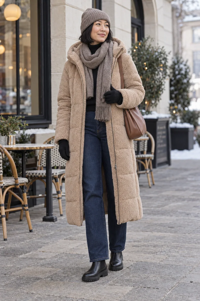 Teddymantel mit dunkler Jeans: Langer mandelbeiger Kapuzen-Teddymantel, Schwarzer Rollkragen, Dunkelblaue Jeans, Schwarze Chelsea Boots, Cognacfarbene Tasche, Taupefarbene Mütze und Schal, Schwarze Handschuhe. KI-Styling-Inspiration, keine Produktaufnahme.