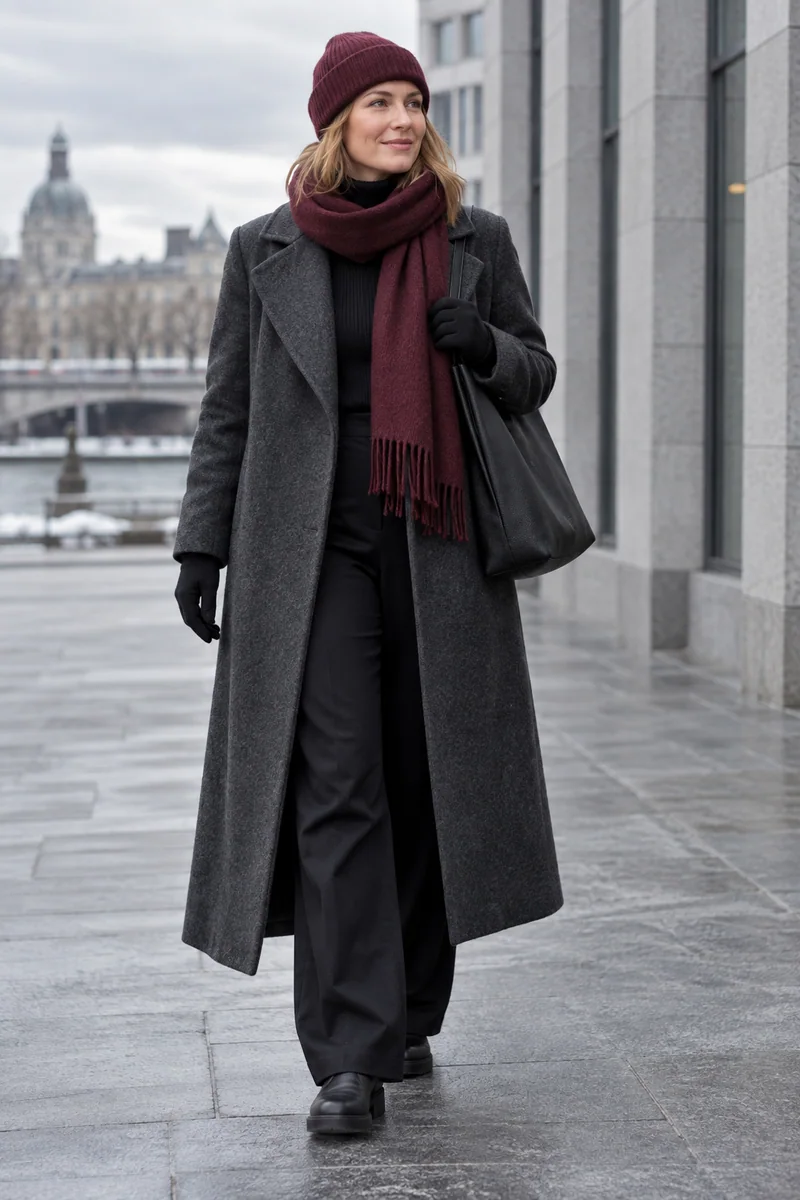 Grauer Mantel, schwarze klare Linie: Langer anthrazitfarbener Mantel, Schwarzer Rollkragen, Schwarze weite Stoffhose, Schwarze Chelsea Boots, Große schwarze Tasche, Bordeauxfarbene Mütze und Schal, Schwarze Handschuhe. KI-Styling-Inspiration, keine Produktaufnahme.