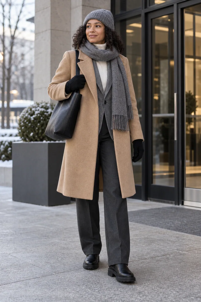 Camelmantel über einem grauen Hosenlook: Camelmantel, Grauer Blazer, Cremefarbener Rollkragen, Graue Stoffhose, Schwarze Chelsea Boots, Schwarzer Shopper, Graue Mütze und Schal, Schwarze Handschuhe. KI-Styling-Inspiration, keine Produktaufnahme.