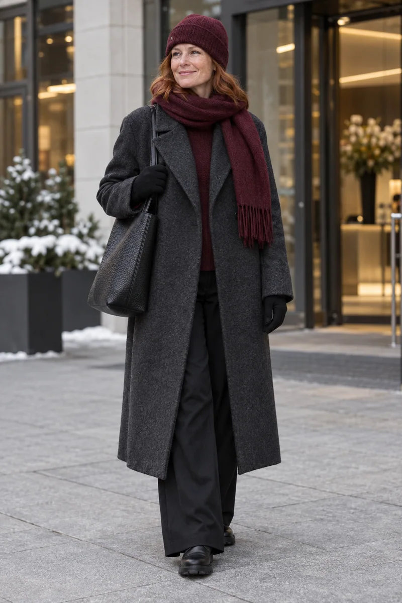 Anthrazit, Bordeaux und schwarze Stoffhose: Anthrazitfarbener Mantel, Bordeauxfarbener Pullover, Schwarze Stoffhose, Schwarze Chelsea Boots, Schwarzer Shopper, Bordeauxfarbene Mütze und Schal, Schwarze Handschuhe. KI-Styling-Inspiration, keine Produktaufnahme.