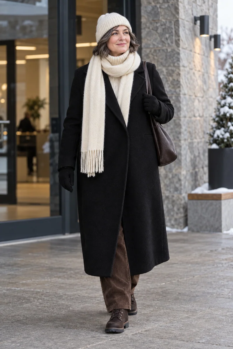 Schwarzer Wollmantel, Ecru und Cord: Schwarzer Mantel, Cremefarbener Rollkragen, Braune Cordhose, Braune Schnürboots, Dunkelbraune Tasche, Cremefarbene Mütze und Schal, Schwarze Handschuhe. KI-Styling-Inspiration, keine Produktaufnahme.