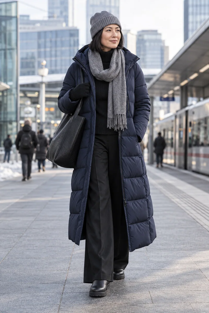 Navy-Stepp über klassischem Schwarz: Langer navyfarbener Puffer, Schwarzer Rollkragen, Schwarze weite Stoffhose, Schwarze Chelsea Boots, Schwarzer Shopper, Graue Mütze und Schal, Ein schwarzer Handschuh sichtbar, andere Hand in Tasche. KI-Styling-Inspiration, keine Produktaufnahme.