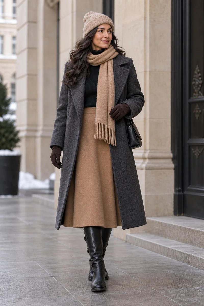 Camel-Midirock mit schwarzen Stiefeln: Anthrazitfarbener Mantel, Schwarzer Rollkragen, Camelfarbener A-Linien-Midirock, Schwarze hohe Schnallenstiefel, Schwarze Tasche, Camel-Mütze und Schal, Braune Handschuhe. KI-Styling-Inspiration, keine Produktaufnahme.