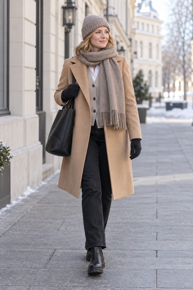Hemd und Cardigan unter Camel: Camelmantel, Beiger Cardigan, Weiße Hemdbluse, Schwarze Jeans, Schwarze Chelsea Boots, Schwarzer Shopper, Taupefarbene Mütze und Schal, Schwarze Handschuhe. KI-Styling-Inspiration, keine Produktaufnahme.