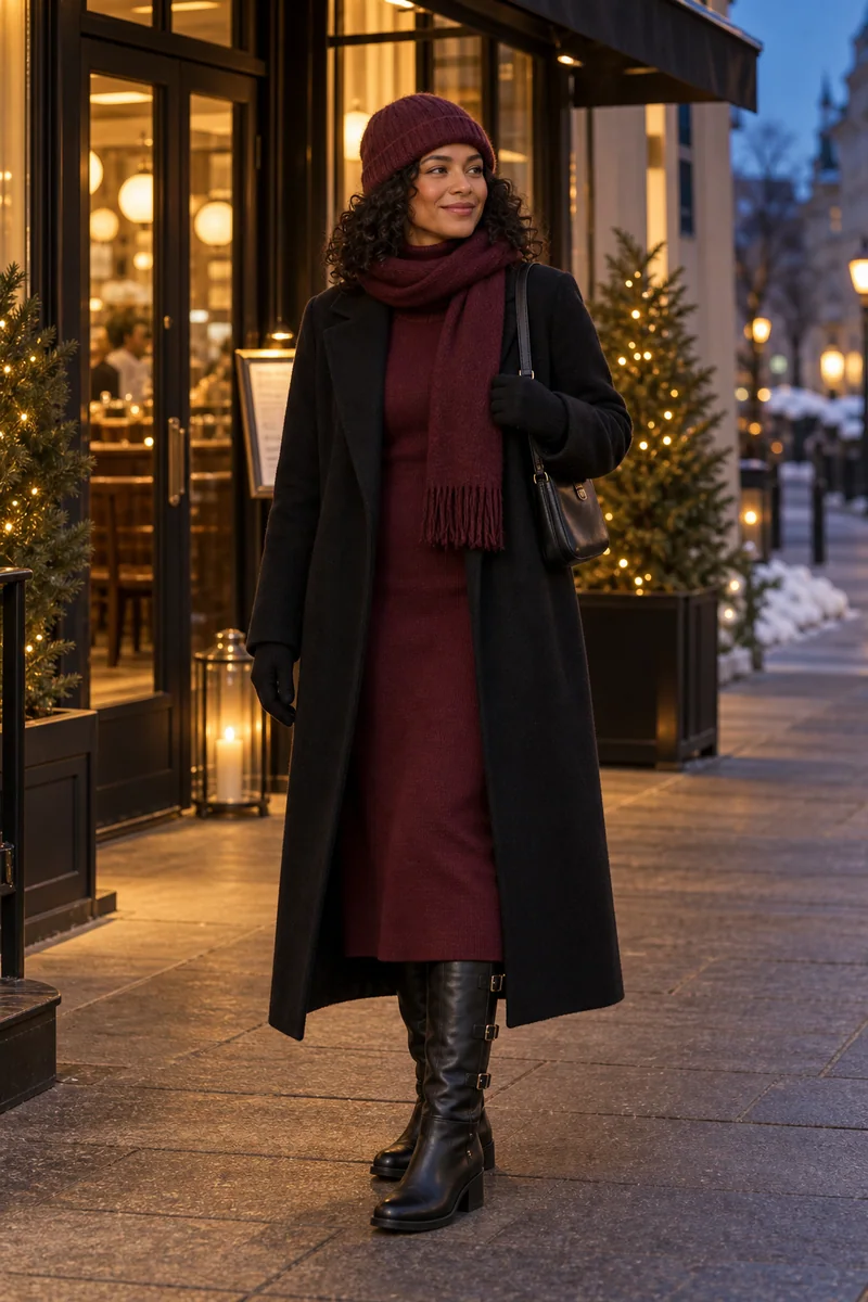 Bordeaux-Strickkleid unter Schwarz: Schwarzer langer Mantel, Bordeauxfarbenes schmales Rollkragen-Midikleid, Schwarze hohe Schnallenstiefel, Schwarze Tasche, Bordeauxfarbene Mütze und Schal, Schwarze Handschuhe. KI-Styling-Inspiration, keine Produktaufnahme.