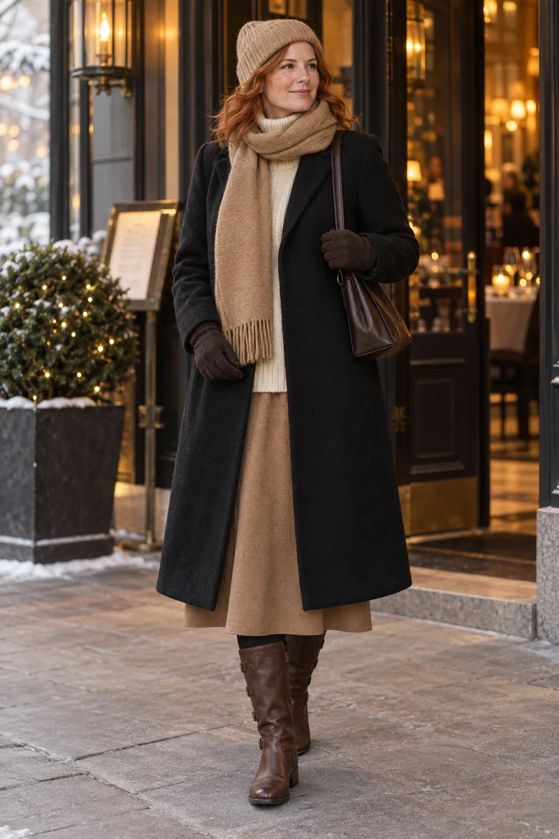 Camelrock und schwarzer Wintermantel: Schwarzer Mantel, Cremefarbener Rollkragen, Camelfarbener A-Linien-Midirock, Schwarze Strumpfhose, Braune hohe Schnallenstiefel, Dunkelbraune Tasche, Camel-Mütze und Schal, Braune Handschuhe. KI-Styling-Inspiration, keine Produktaufnahme.