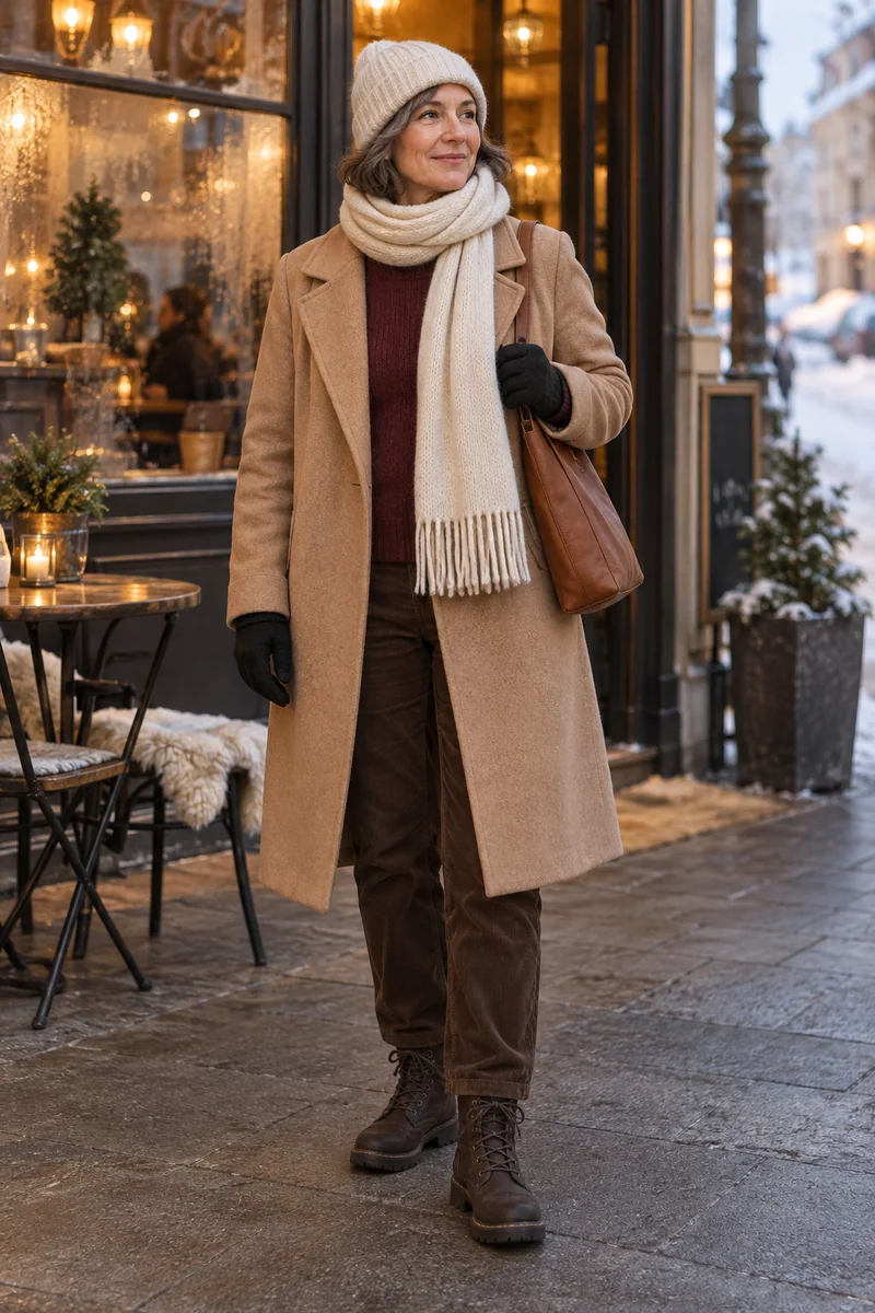 Bordeaux und Cord zum Café-Date: Camelmantel, Bordeauxfarbener Strick, Braune Cordhose, Braune Schnürboots, Cognacfarbene Tasche, Cremefarbene Mütze und Schal, Schwarze Handschuhe. KI-Styling-Inspiration, keine Produktaufnahme.
