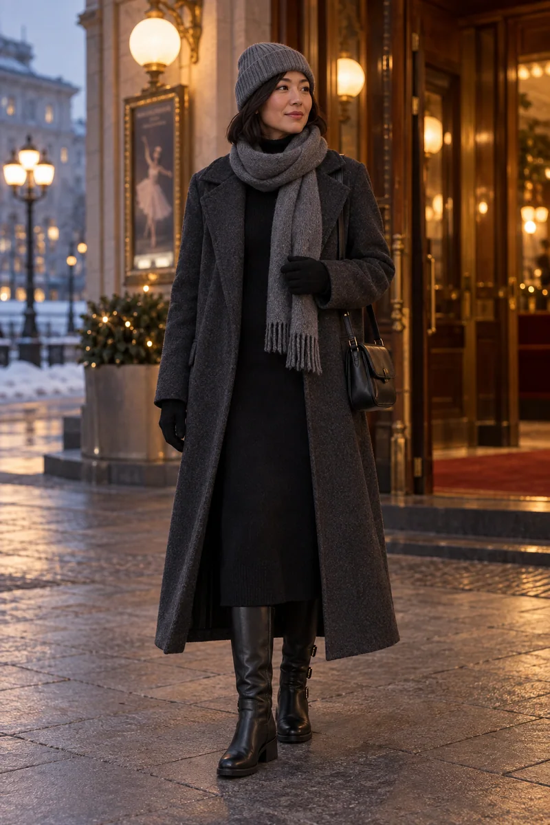 Grauer Mantel über schwarzem Strickkleid: Anthrazitfarbener Mantel, Schwarzes schmales Rollkragen-Midikleid, Schwarze hohe Schnallenstiefel, Schwarze Tasche, Graue Mütze und Schal, Schwarze Handschuhe. KI-Styling-Inspiration, keine Produktaufnahme.