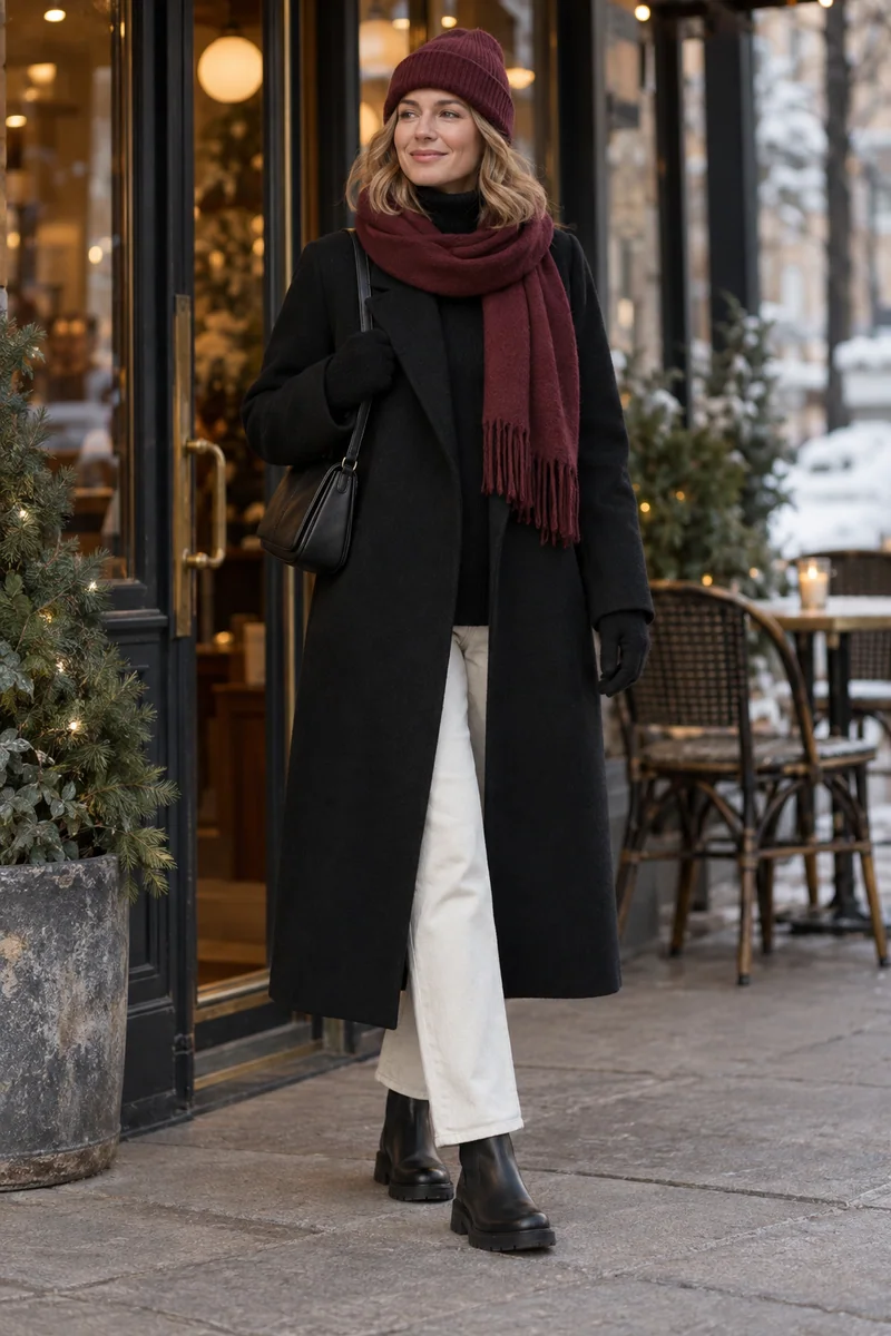 Schwarz, Ecru und ein schwarzer Mantel: Schwarzer Mantel, Schwarzer Rollkragen, Ecrufarbene Hose, Schwarze Chelsea Boots, Schwarze Tasche, Bordeauxfarbene Mütze und Schal, Schwarze Handschuhe. KI-Styling-Inspiration, keine Produktaufnahme.