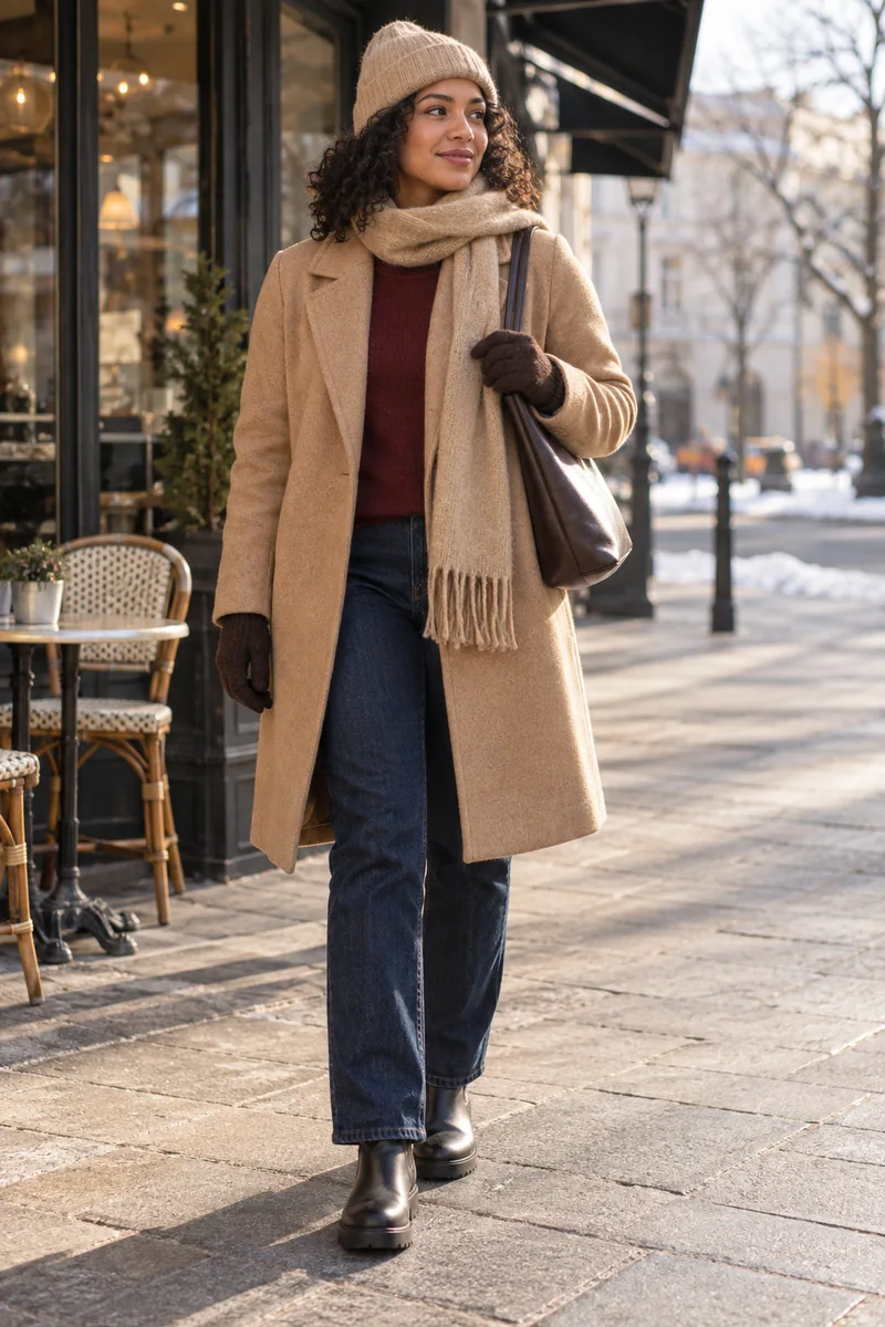 Camel, Bordeaux und dunkelblaue Jeans: Camel-Reversmantel, Bordeauxfarbener Pullover, Dunkelblaue Jeans, Schwarze Chelsea Boots, Dunkelbraune Tasche, Camel-Mütze und Schal, Braune Handschuhe. KI-Styling-Inspiration, keine Produktaufnahme.