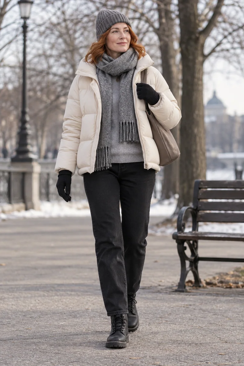 Kurzer Puffer über Grau und Schwarz: Kurzer cremefarbener Puffer, Graue Rundhals-Stricklage, Schwarze Jeans, Schwarze Schnürboots, Taupefarbene Tasche, Graue Mütze und Schal, Schwarze Handschuhe. KI-Styling-Inspiration, keine Produktaufnahme.