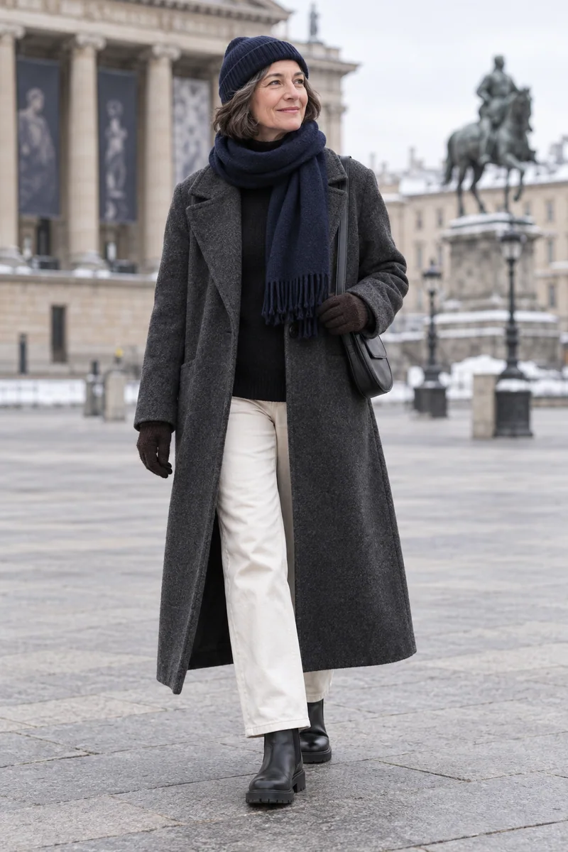 Grauer Mantel mit schwarzem Rollkragen: Anthrazitfarbener Mantel, Schwarzer Rollkragen, Ecrufarbene Hose, Schwarze Chelsea Boots, Schwarze Tasche, Navy-Mütze und Schal, Braune Handschuhe. KI-Styling-Inspiration, keine Produktaufnahme.
