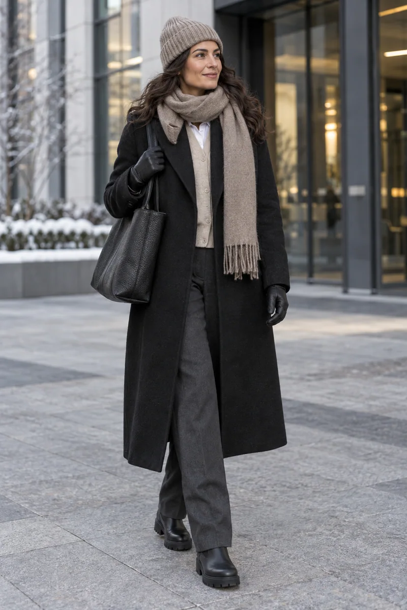 Schwarzer Mantel über dem Hemd-Cardigan: Schwarzer langer Mantel, Beiger Cardigan, Weiße Hemdbluse, Anthrazitfarbene Stoffhose, Schwarze Chelsea Boots, Großer schwarzer Shopper, Taupefarbene Mütze und Schal, Schwarze Handschuhe. KI-Styling-Inspiration, keine Produktaufnahme.