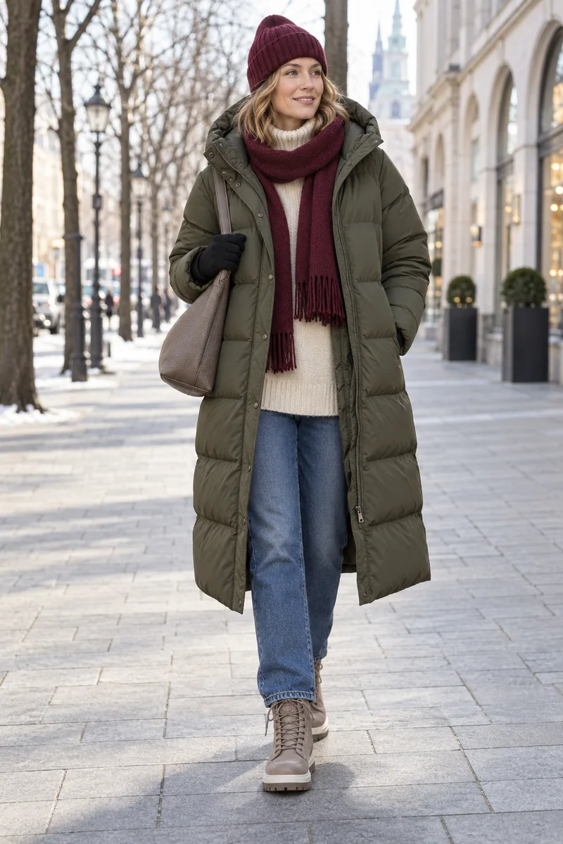 Oliv-Puffer und Mittelblau: Olivfarbener langer Puffer, Cremefarbener Rollkragen, Mittelblaue Jeans, Taupefarbene Schnürboots mit heller Sohle, Taupefarbene Tasche, Bordeauxfarbene Mütze und Schal, Ein schwarzer Handschuh sichtbar, andere Hand in Tasche. KI-Styling-Inspiration, keine Produktaufnahme.