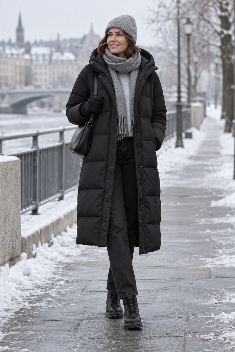 Langer Puffer in Schwarz und Grau: Langer schwarzer Kapuzen-Steppmantel, Graues Sweatshirt am Hals sichtbar, Schwarze lange Jeans, Schwarze Schnürboots, Schwarze Schultertasche, Graue Rippmütze, Grauer Schal. KI-Styling-Inspiration, keine Produktaufnahme.