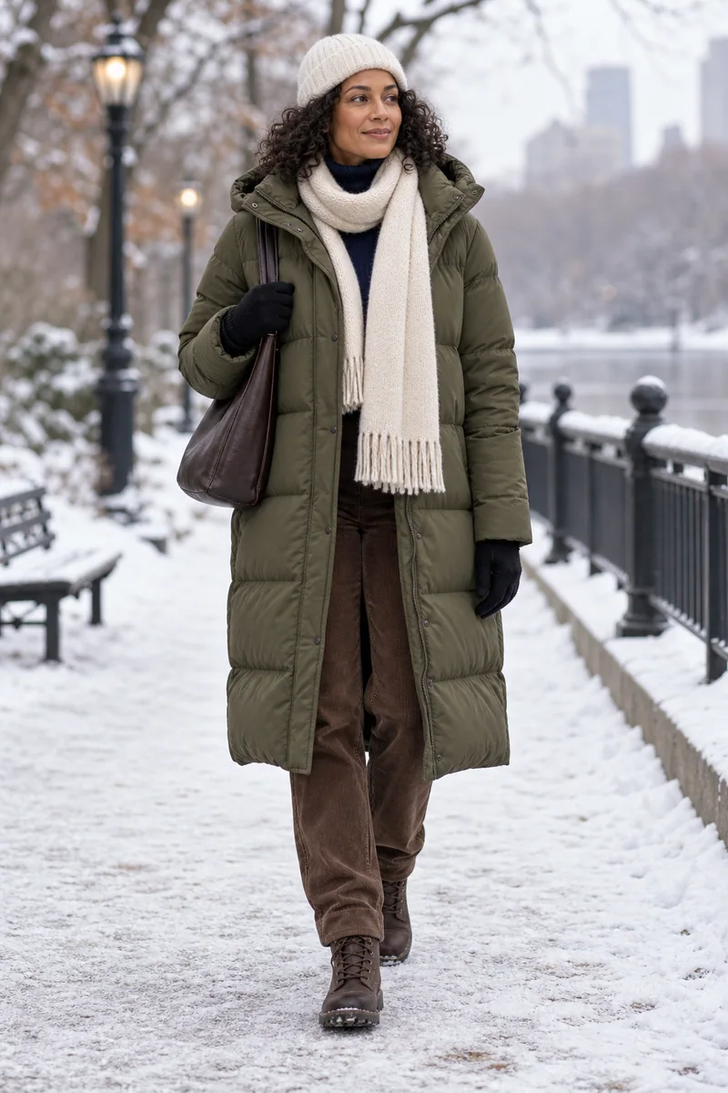 Olivfarbener Puffer mit Navy und Cord: Langer olivfarbener Kapuzen-Steppmantel, Navy-Rollkragen am Hals sichtbar, Braune lange Cordhose, Braune Schnürboots, Dunkelbraune Schultertasche, Cremefarbene Mütze, Cremefarbener Schal, Schwarze Handschuhe an beiden Händen. KI-Styling-Inspiration, keine Produktaufnahme.