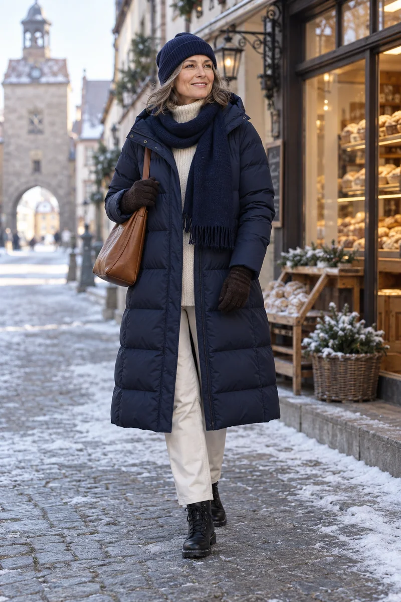 Navy-Stepp über Ecru und Rollkragen: Langer marineblauer Kapuzen-Steppmantel, Cremefarbener Rollkragen, Ecrufarbene lange Hose, Schwarze Schnürboots, Cognacfarbene Schultertasche, Navy-Mütze, Navy-Schal, Dunkelbraune Handschuhe an beiden Händen. KI-Styling-Inspiration, keine Produktaufnahme.