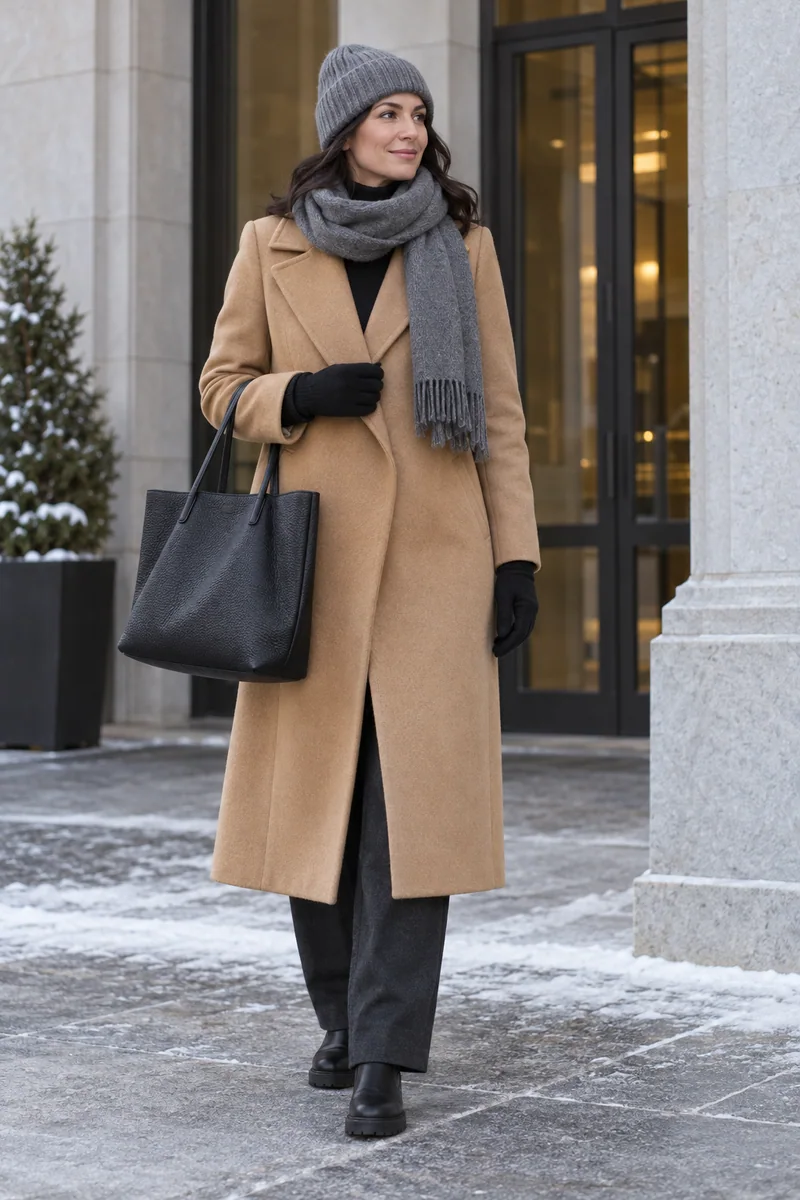 Camelmantel mit grauer Stoffhose: Langer camelfarbener Reversmantel, Schwarzer Rollkragen am Hals sichtbar, Anthrazitfarbene lange Stoffhose, Schwarze Chelsea Boots, Großer schwarzer Shopper, Graue Mütze, Grauer Schal, Schwarze Handschuhe an beiden Händen. KI-Styling-Inspiration, keine Produktaufnahme.