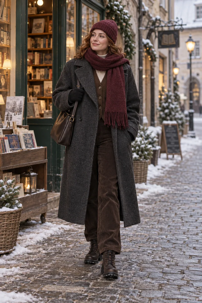 Anthrazit und brauner Cardigan: Langer anthrazitfarbener Reversmantel, Brauner geknöpfter V-Cardigan, Cremefarbene hochgeschlossene Ripp-Unterlage sichtbar, Braune Cordhose, Dunkelbraune Schnürboots, Dunkelbraune Schultertasche, Bordeauxfarbene Mütze, Bordeauxfarbener Schal. KI-Styling-Inspiration, keine Produktaufnahme.